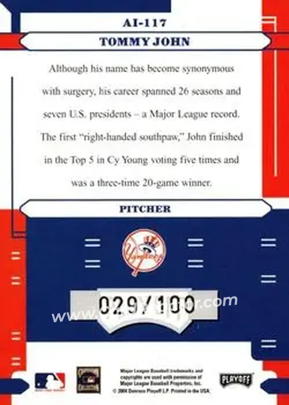 2004 Playoff Absolute Memorabilia - Absolutely Ink #AI-117 - Tommy John - New York Yankees - Back