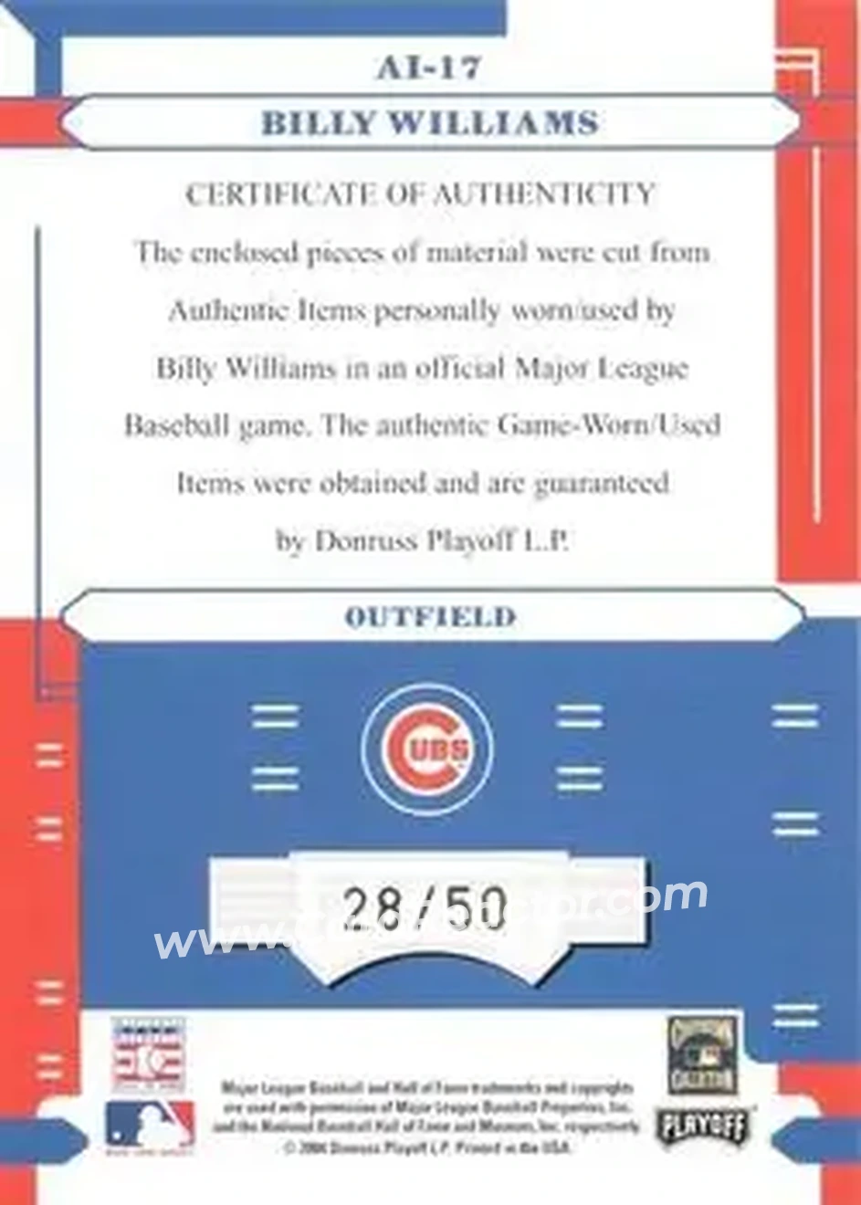 2004 Playoff Absolute Memorabilia - Absolutely Ink Combo Material #AI-17 - Billy Williams - Chicago Cubs - Back