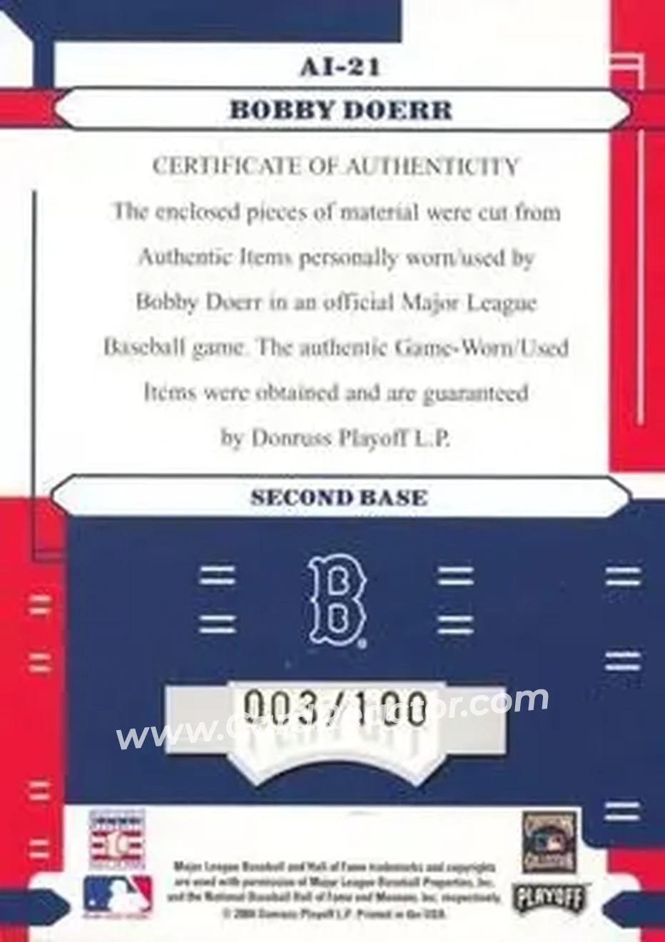 2004 Playoff Absolute Memorabilia - Absolutely Ink Combo Material #AI-21 - Bobby Doerr - Boston Red Sox - Back