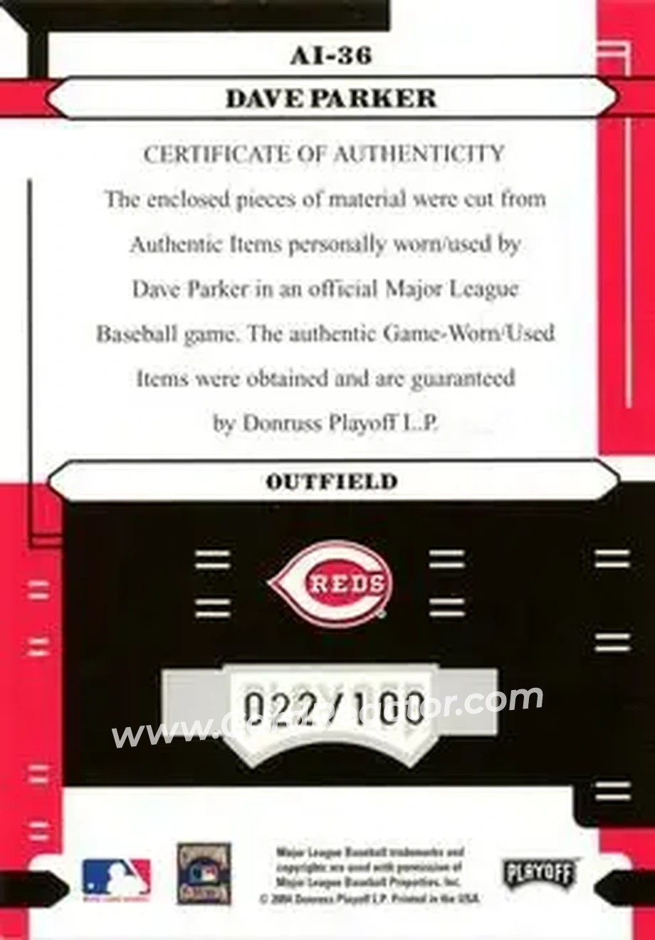 2004 Playoff Absolute Memorabilia - Absolutely Ink Combo Material #AI-36 - Dave Parker - Cincinnati Reds - Back 2004 Playoff Absolute Memorabilia - Absolutely Ink Combo Material #AI-36 - Dave Parker - Cincinnati Reds - Back