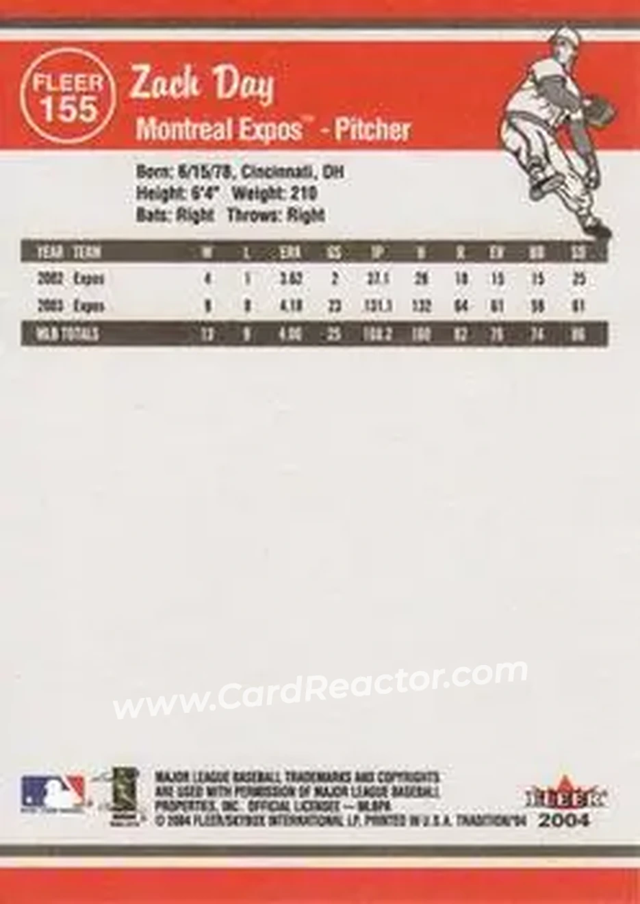 2004 Fleer Tradition #155 - Zach Day - Montreal Expos - Back