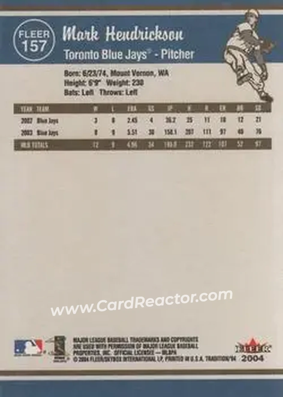 2004 Fleer Tradition #157 - Mark Hendrickson - Toronto Blue Jays - Back 2004 Fleer Tradition #157 - Mark Hendrickson - Toronto Blue Jays - Back