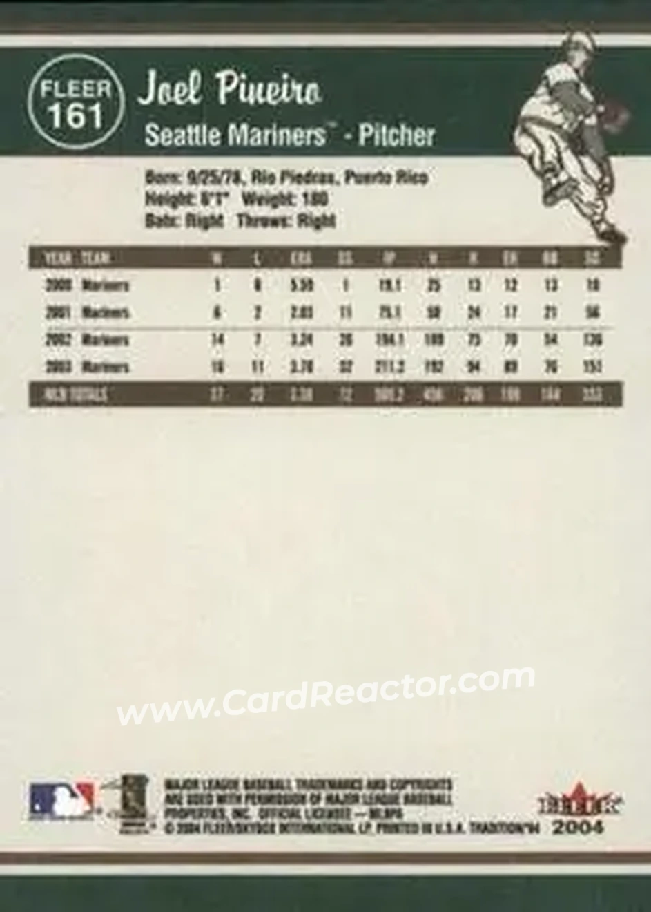 2004 Fleer Tradition #161 - Joel Pineiro - Seattle Mariners - Back 2004 Fleer Tradition #161 - Joel Pineiro - Seattle Mariners - Back