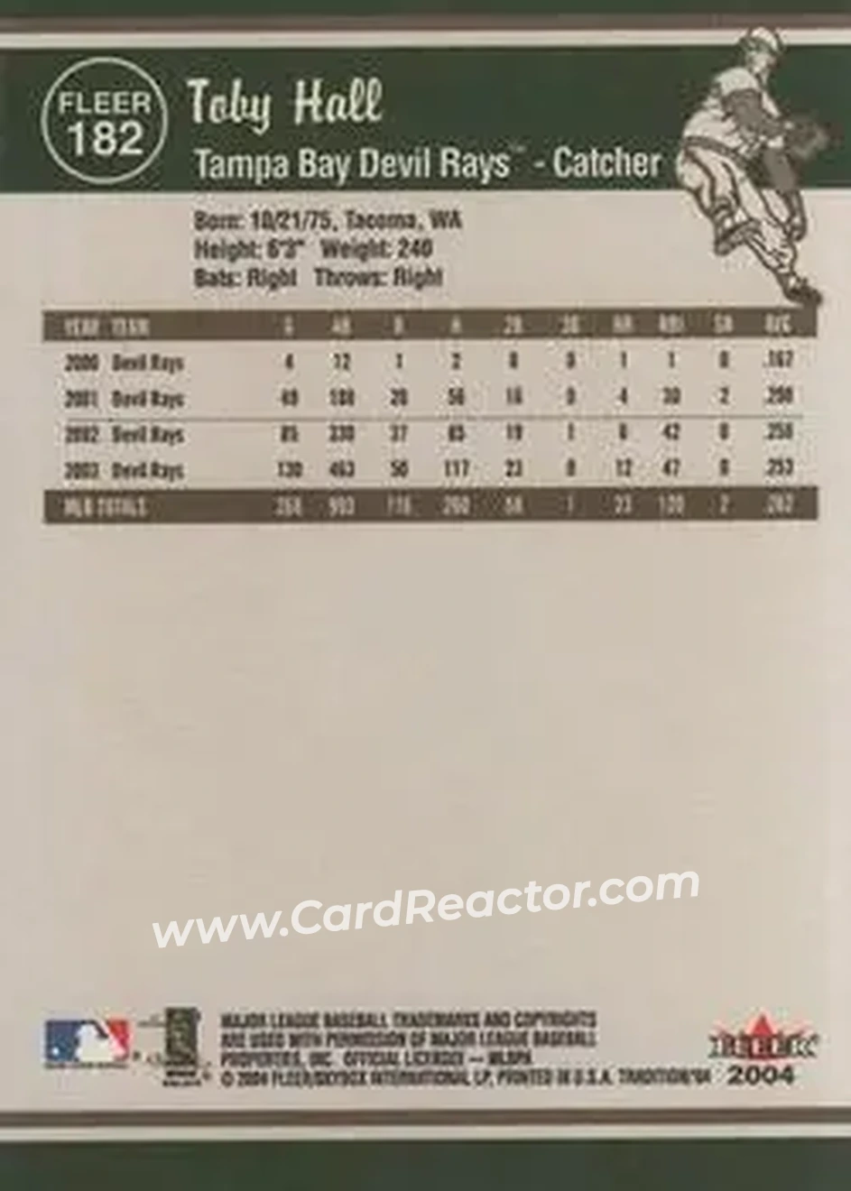 2004 Fleer Tradition #182 - Toby Hall - Tampa Bay Devil Rays - Back