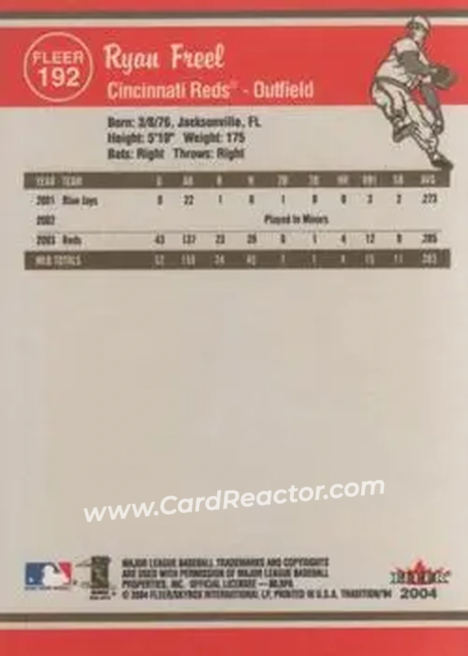 2004 Fleer Tradition #192 - Ryan Freel - Cincinnati Reds - Back 2004 Fleer Tradition #192 - Ryan Freel - Cincinnati Reds - Back
