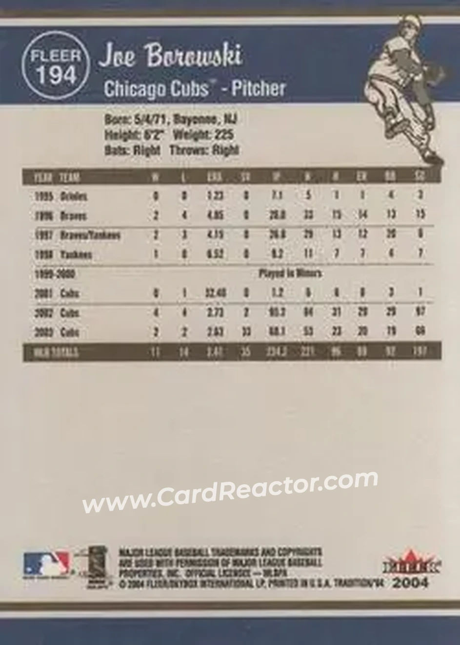 2004 Fleer Tradition #194 - Joe Borowski - Chicago Cubs - Back 2004 Fleer Tradition #194 - Joe Borowski - Chicago Cubs - Back