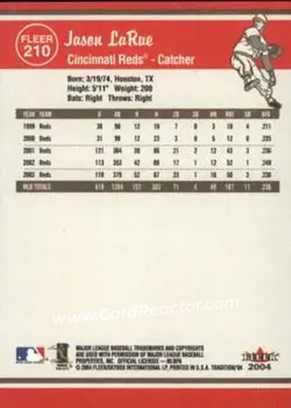2004 Fleer Tradition #210 - Jason LaRue - Cincinnati Reds - Back 2004 Fleer Tradition #210 - Jason LaRue - Cincinnati Reds - Back