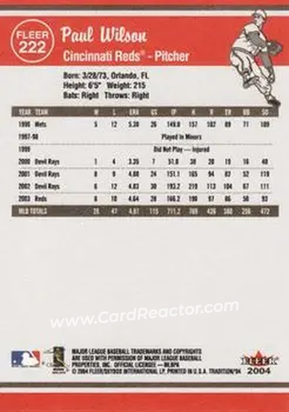 2004 Fleer Tradition #222 - Paul Wilson - Cincinnati Reds - Back
