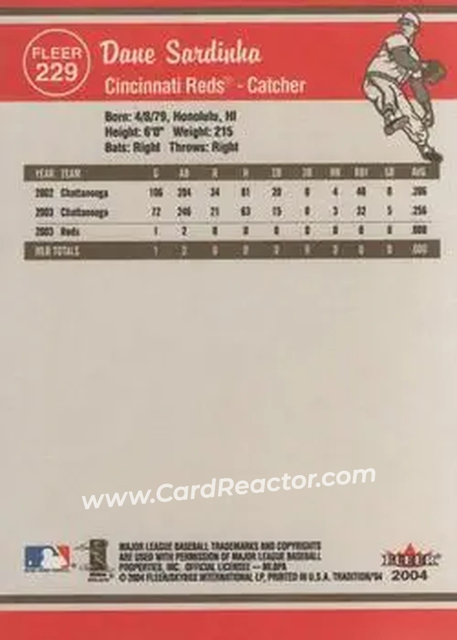 2004 Fleer Tradition #229 - Dane Sardinha - Cincinnati Reds - Back
