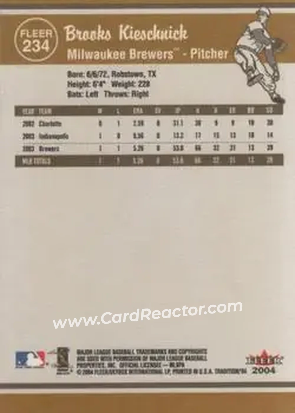 2004 Fleer Tradition #234 - Brooks Kieschnick - Milwaukee Brewers - Back 2004 Fleer Tradition #234 - Brooks Kieschnick - Milwaukee Brewers - Back