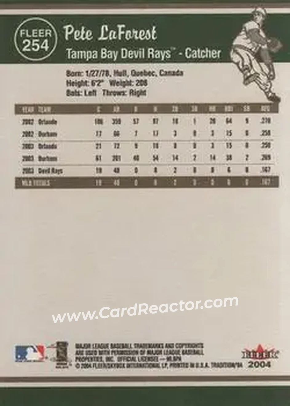2004 Fleer Tradition #254 - Pete LaForest - Tampa Bay Devil Rays - Back 2004 Fleer Tradition #254 - Pete LaForest - Tampa Bay Devil Rays - Back