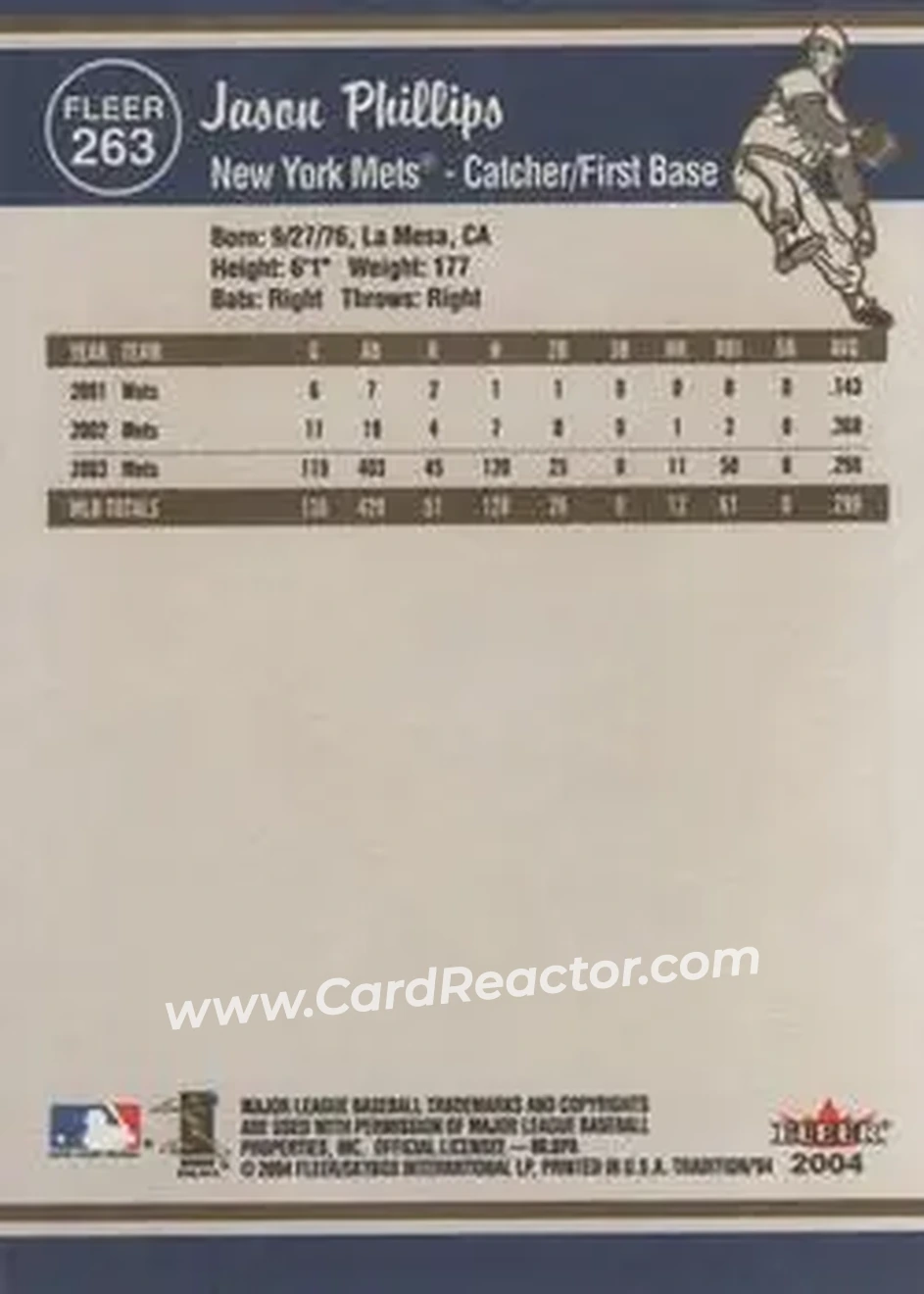 2004 Fleer Tradition #263 - Jason Phillips - New York Mets - Back 2004 Fleer Tradition #263 - Jason Phillips - New York Mets - Back