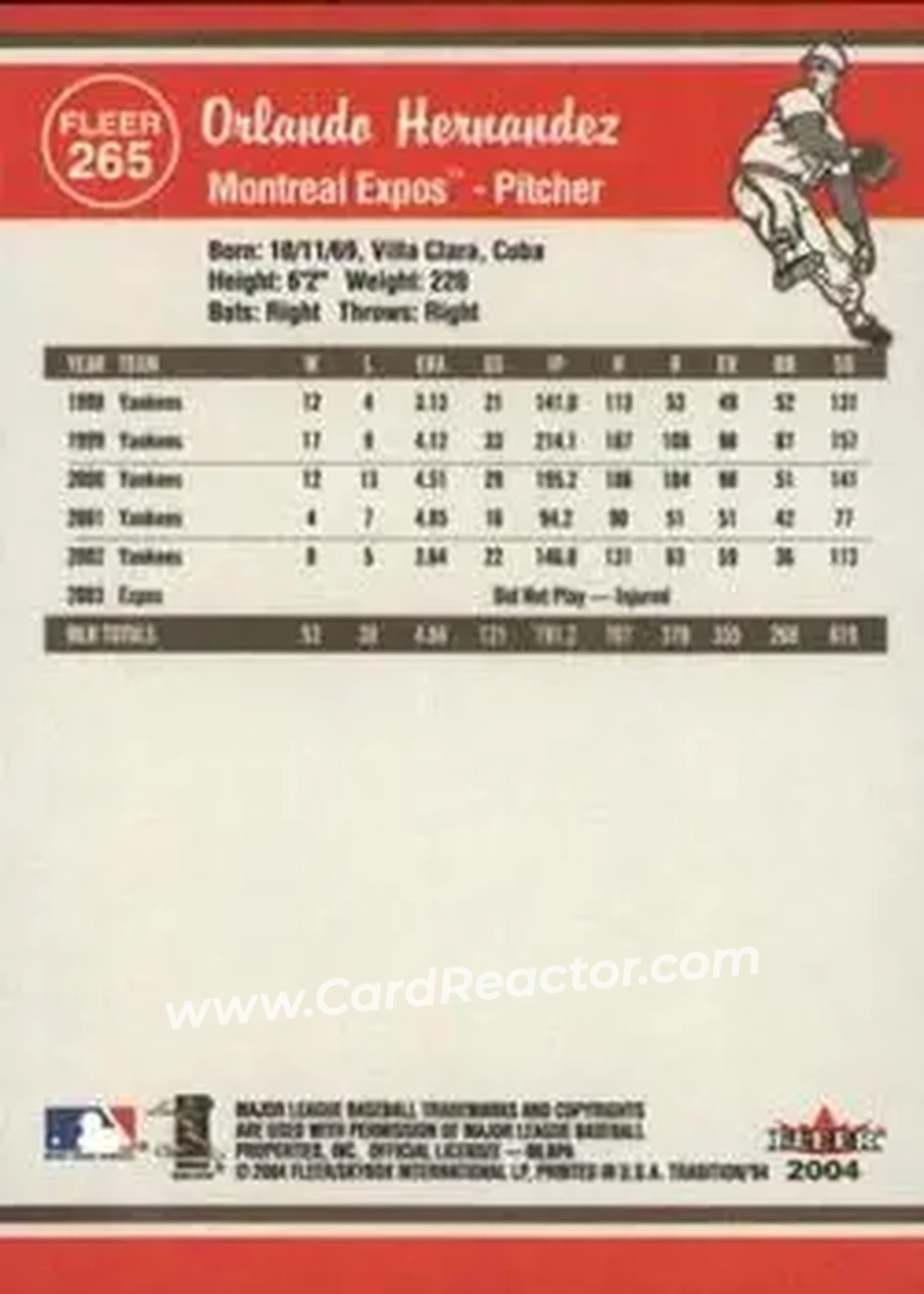 2004 Fleer Tradition #265 - Orlando Hernandez - Montreal Expos - Back
