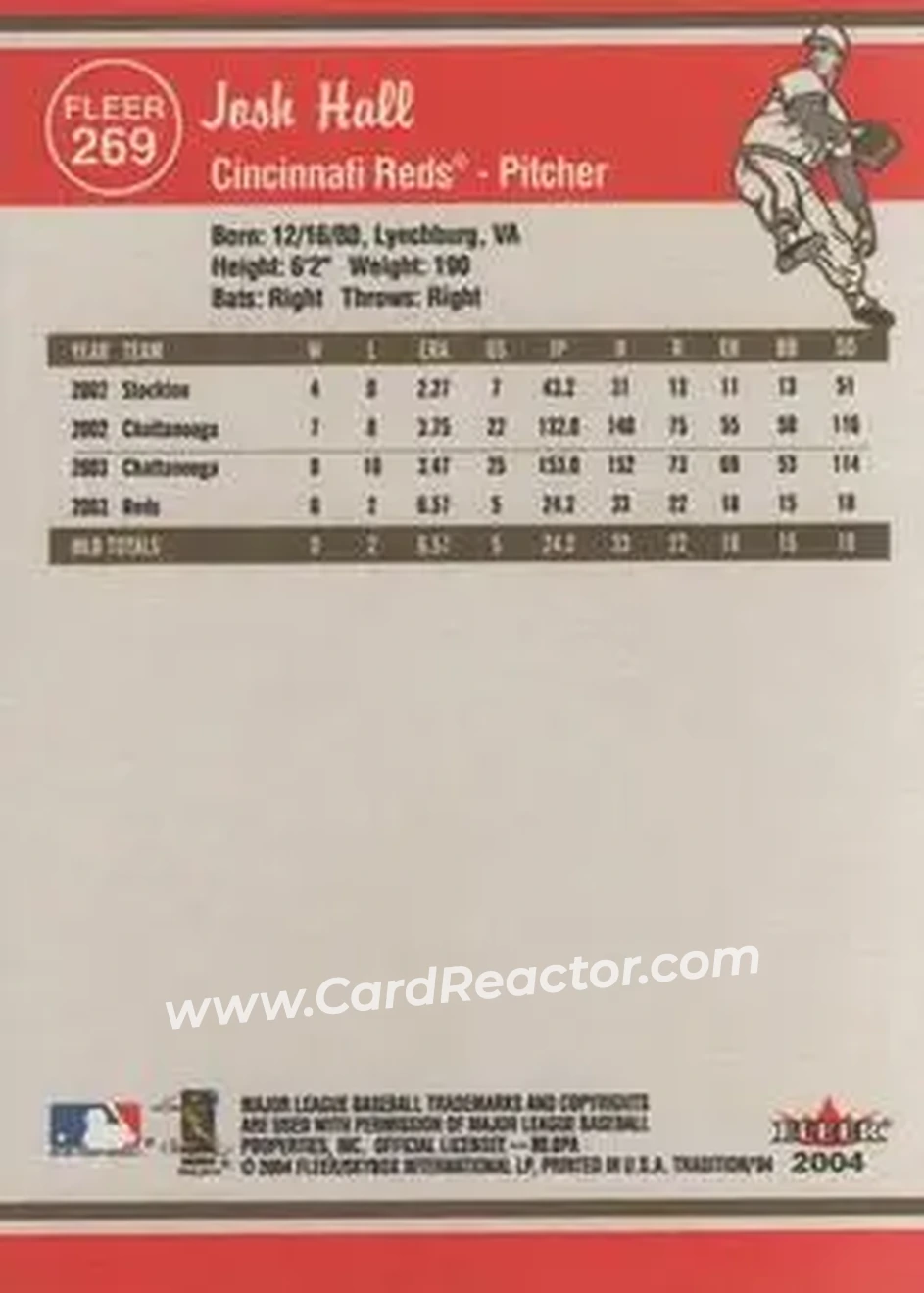 2004 Fleer Tradition #269 - Josh Hall - Cincinnati Reds - Back 2004 Fleer Tradition #269 - Josh Hall - Cincinnati Reds - Back