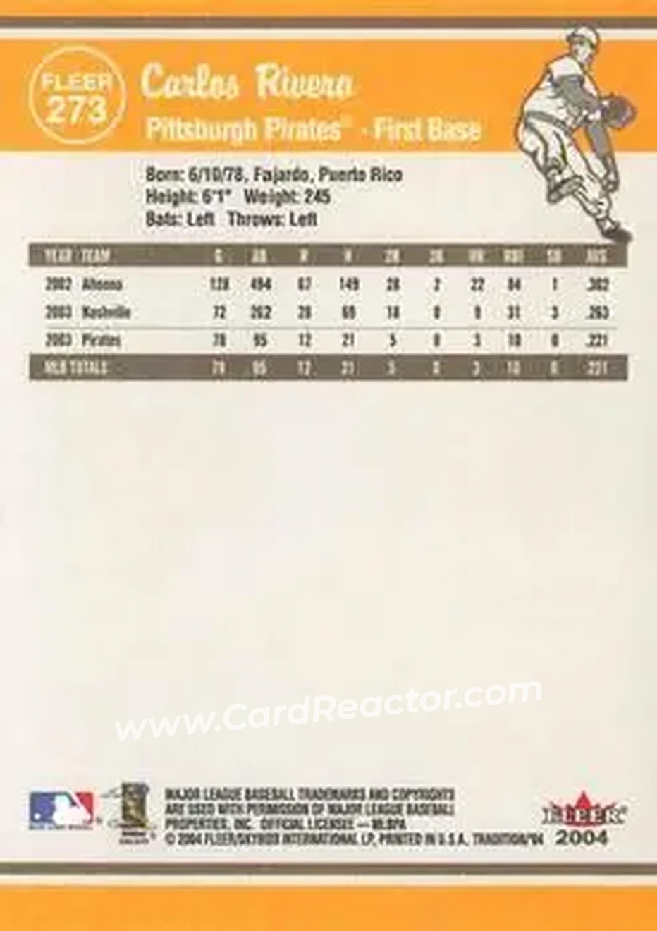 2004 Fleer Tradition #273 - Carlos Rivera - Pittsburgh Pirates - Back 2004 Fleer Tradition #273 - Carlos Rivera - Pittsburgh Pirates - Back