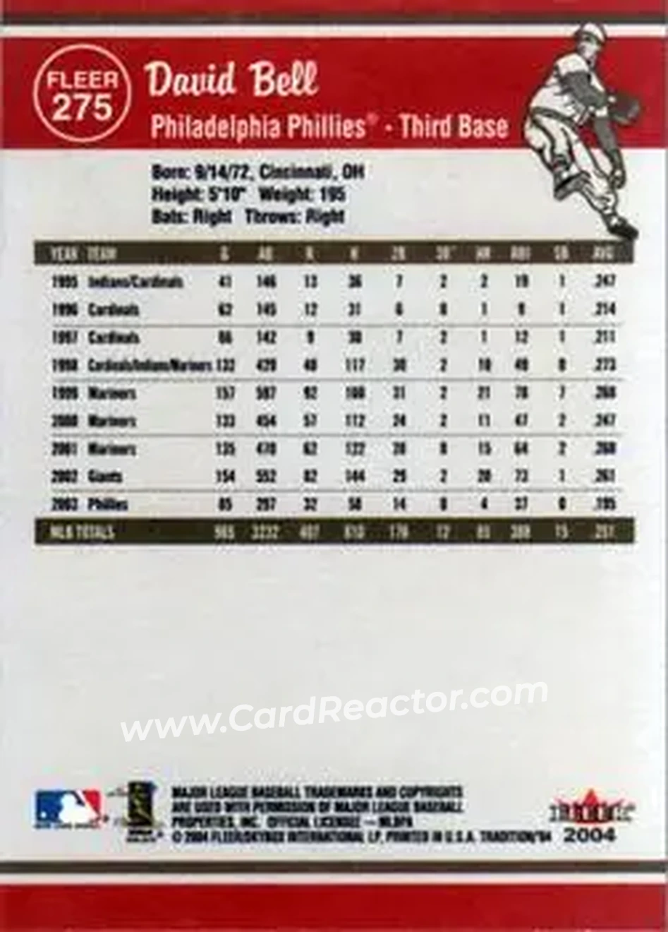 2004 Fleer Tradition #275 - David Bell - Philadelphia Phillies - Back 2004 Fleer Tradition #275 - David Bell - Philadelphia Phillies - Back