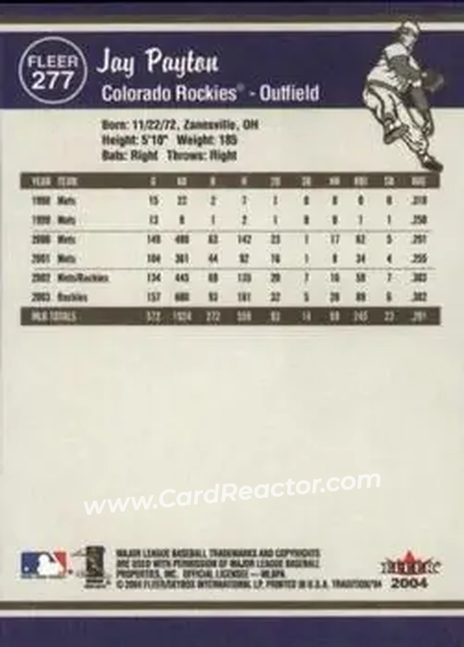 2004 Fleer Tradition #277 - Jay Payton - Colorado Rockies - Back 2004 Fleer Tradition #277 - Jay Payton - Colorado Rockies - Back