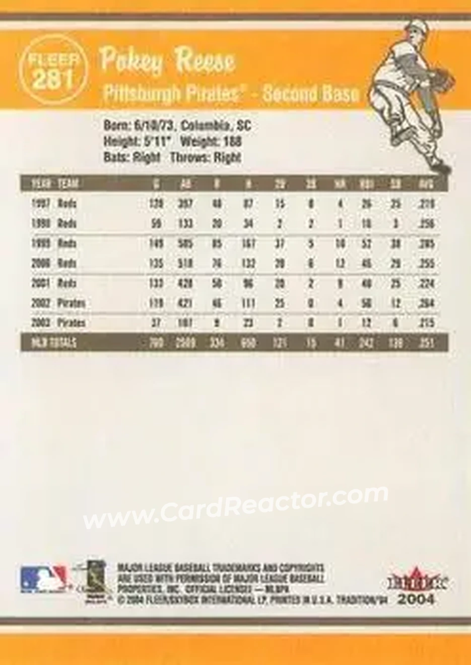 2004 Fleer Tradition #281 - Calvin Reese - Pittsburgh Pirates - Back