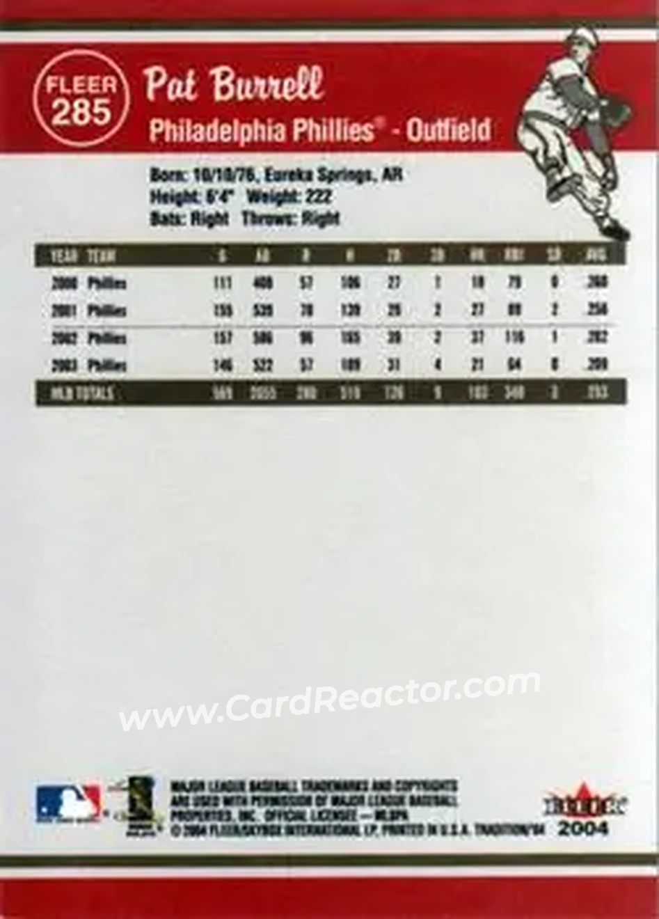 2004 Fleer Tradition #285 - Pat Burrell - Philadelphia Phillies - Back 2004 Fleer Tradition #285 - Pat Burrell - Philadelphia Phillies - Back