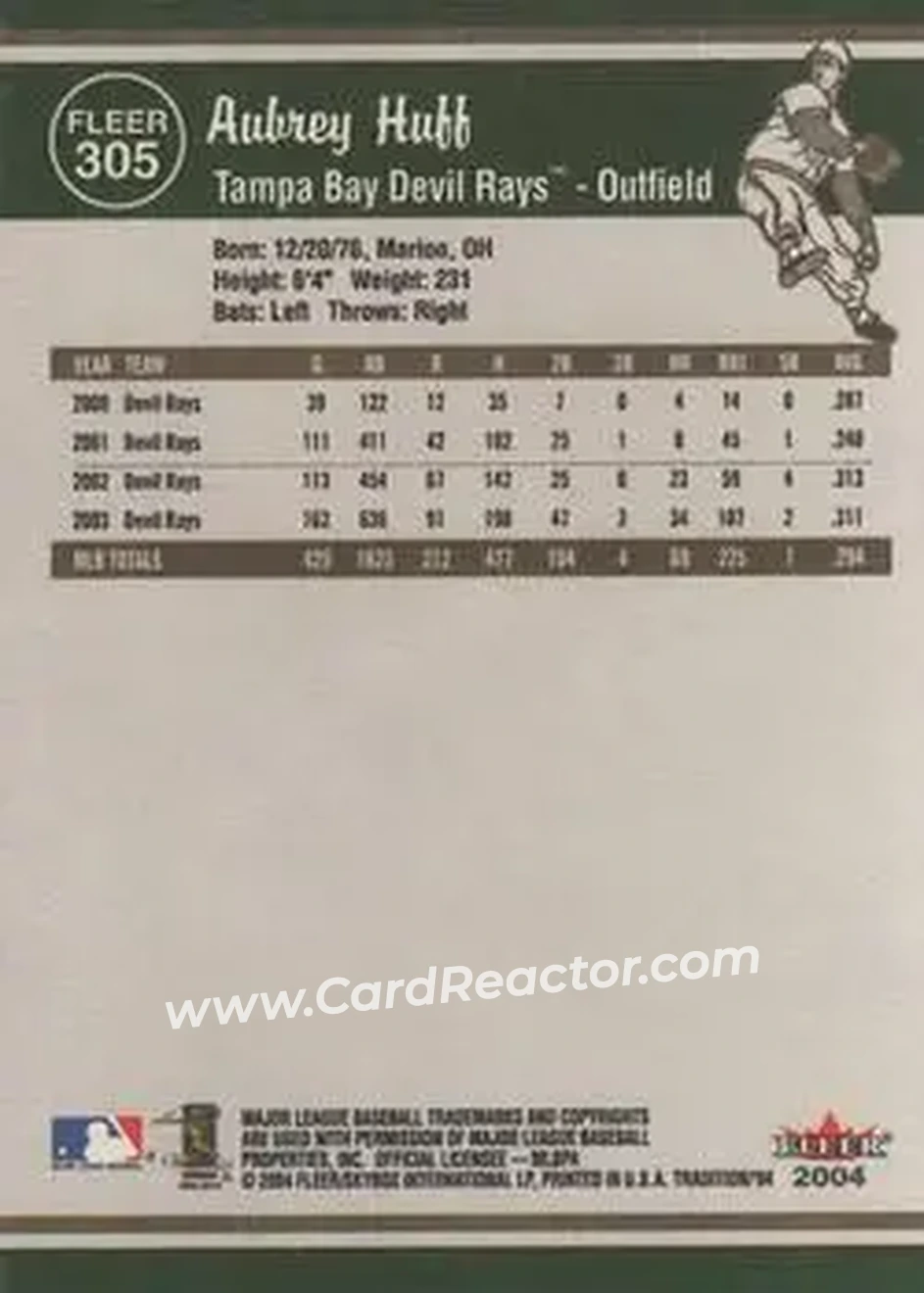 2004 Fleer Tradition #305 - Aubrey Huff - Tampa Bay Devil Rays - Back