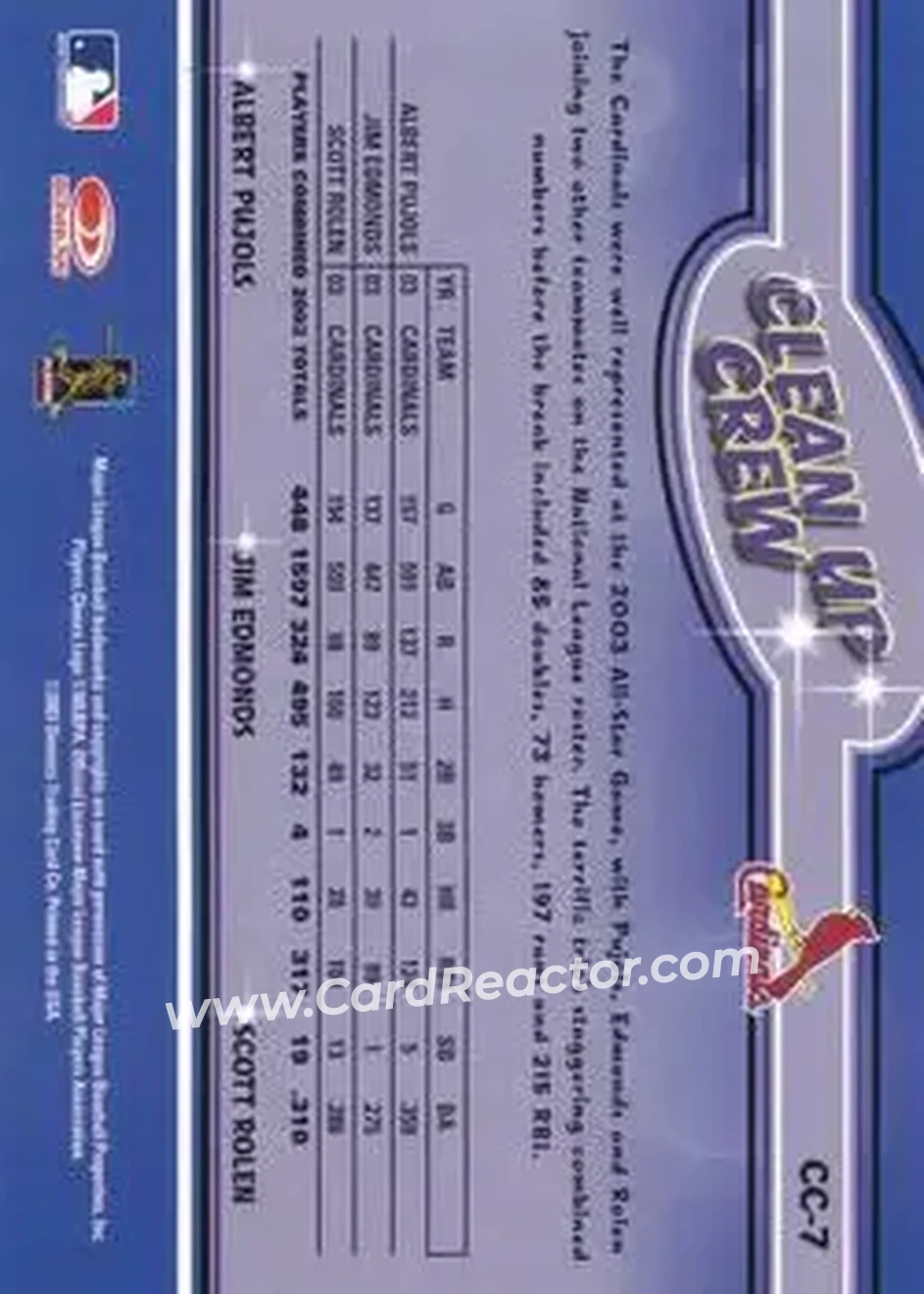 2004 Leaf - Clean Up Crew Second Edition #CC-7 - Albert Pujols - Jim Edmonds - Scott Rolen - St. Louis Cardinals - Back 2004 Leaf - Clean Up Crew Second Edition #CC-7 - Albert Pujols - Jim Edmonds - Scott Rolen - St. Louis Cardinals - Back
