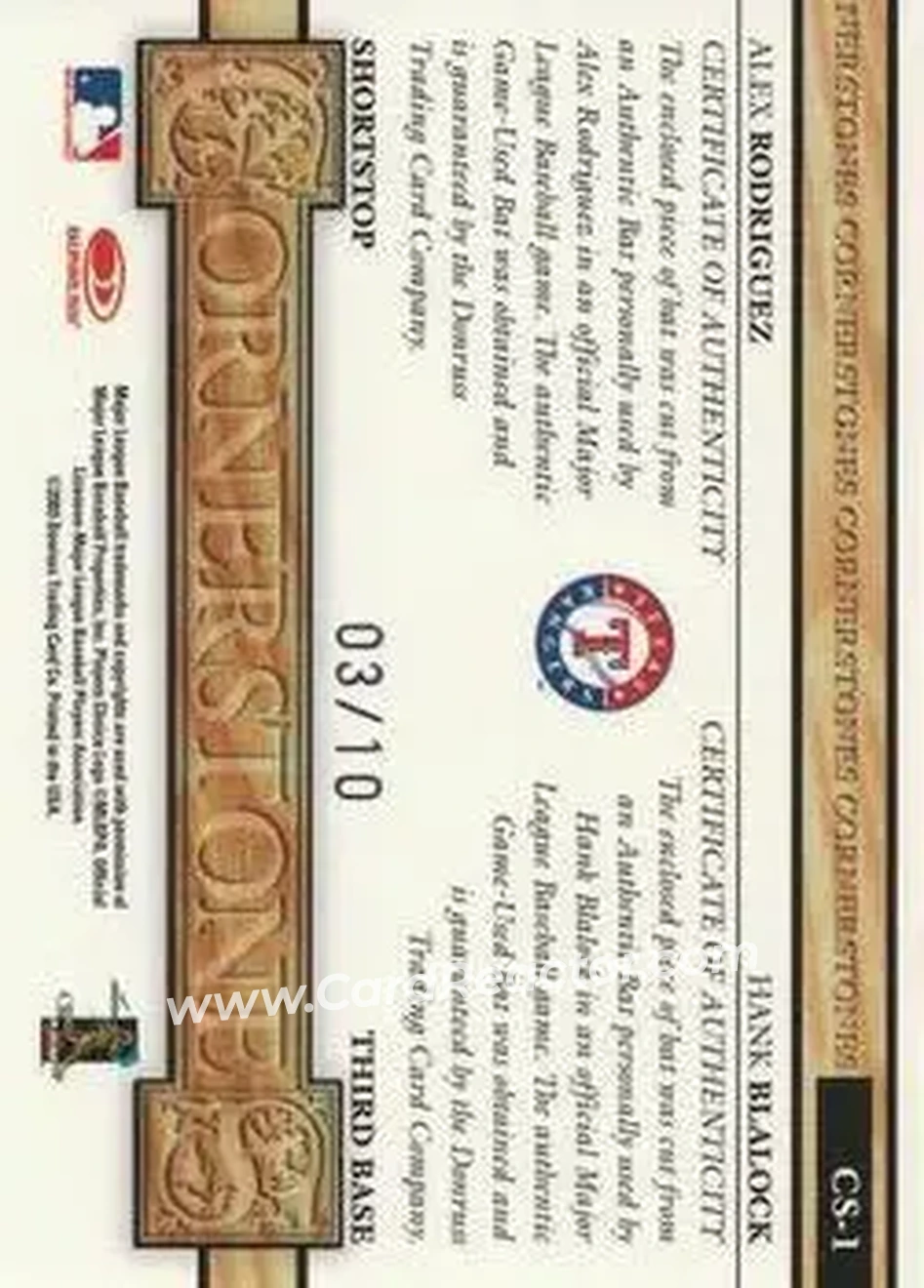 2004 Leaf - Cornerstones Materials Second Edition #CS-1 - Alex Rodriguez - Hank Blalock - Texas Rangers - Back
