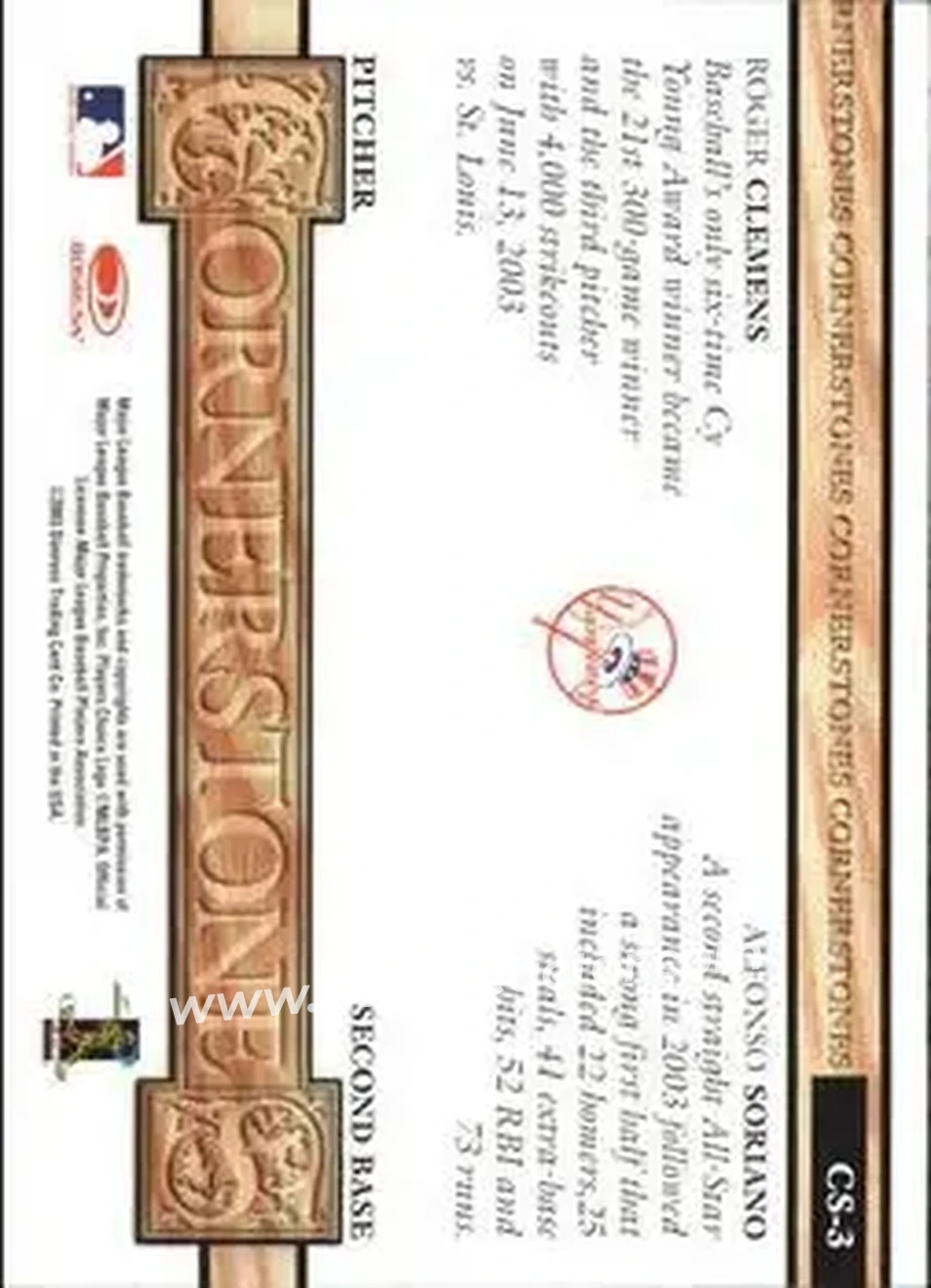 2004 Leaf - Cornerstones Second Edition #CS-3 - Roger Clemens - Alfonso Soriano - New York Yankees - Back 2004 Leaf - Cornerstones Second Edition #CS-3 - Roger Clemens - Alfonso Soriano - New York Yankees - Back