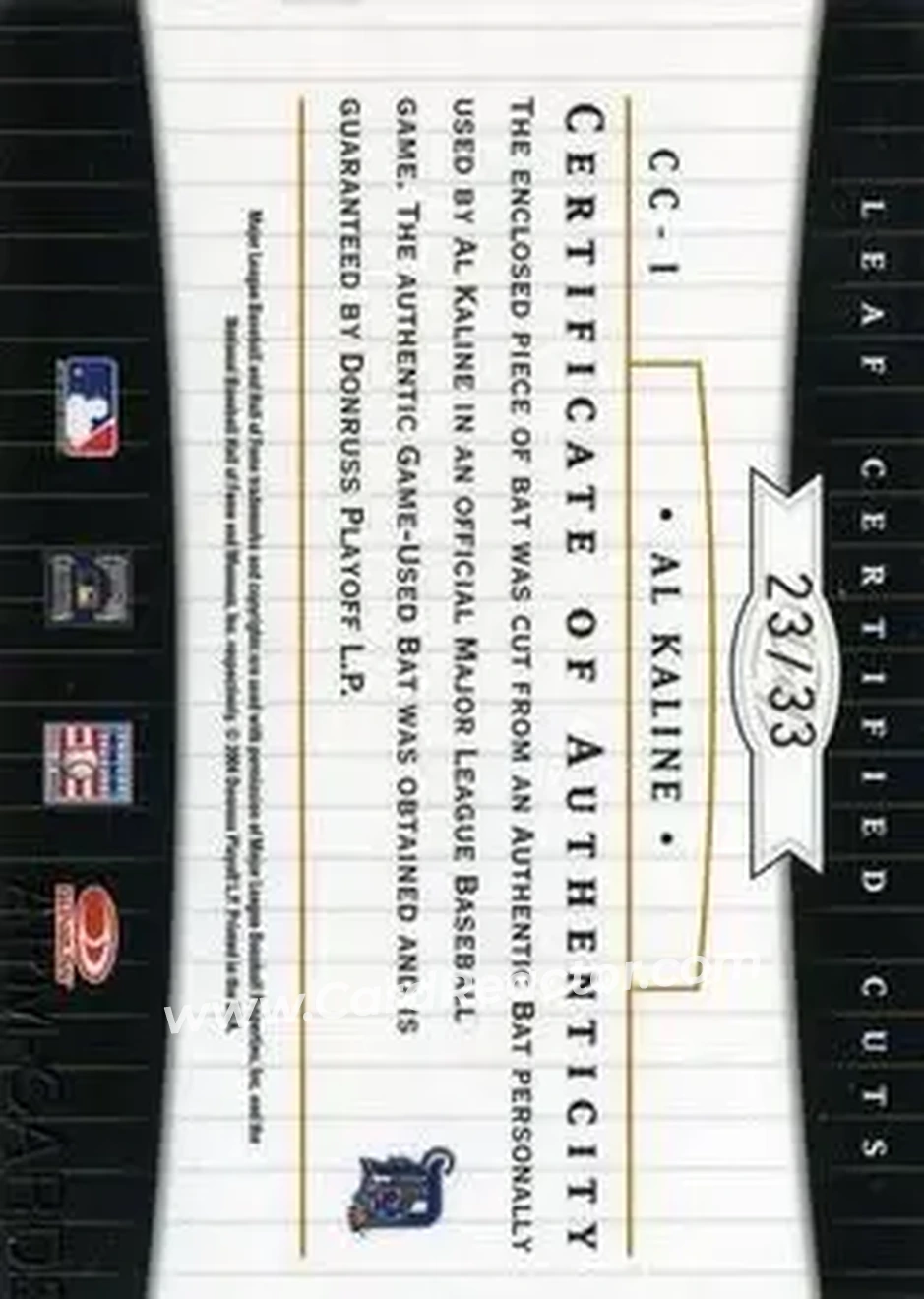 2004 Leaf Certified Cuts - Check Signature Material Blue #CC-1 - Al Kaline - Detroit Tigers - Back