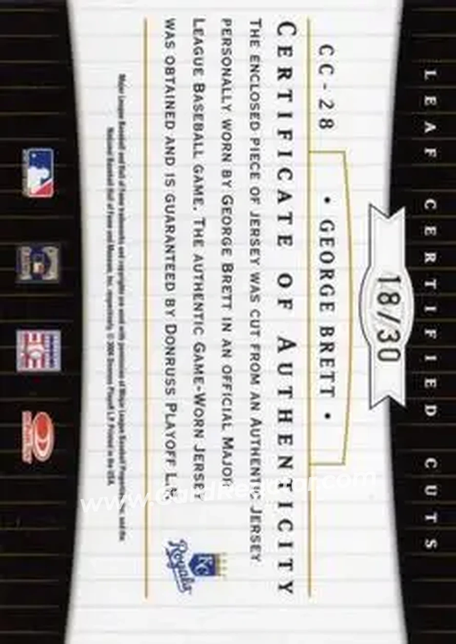 2004 Leaf Certified Cuts - Check Signature Material Blue #CC-28 - George Brett - Kansas City Royals - Back 2004 Leaf Certified Cuts - Check Signature Material Blue #CC-28 - George Brett - Kansas City Royals - Back