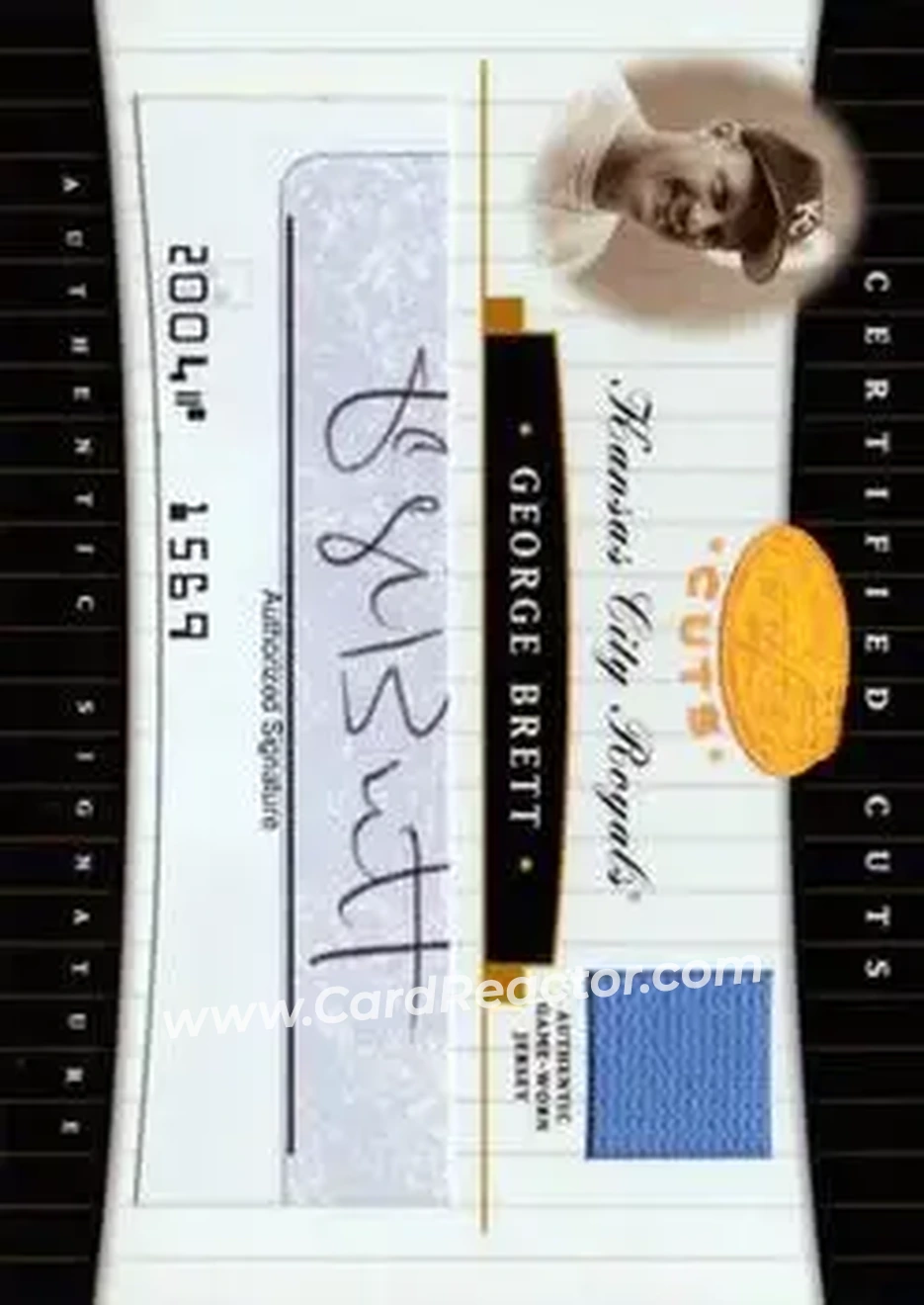 2004 Leaf Certified Cuts - Check Signature Material Blue #CC-28 - George Brett - Kansas City Royals - Front 2004 Leaf Certified Cuts - Check Signature Material Blue #CC-28 - George Brett - Kansas City Royals - Front