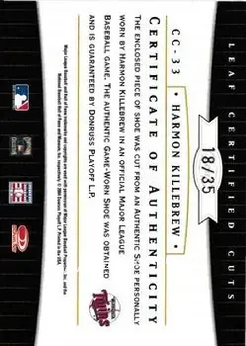 2004 Leaf Certified Cuts - Check Signature Material Blue #CC-33 - Harmon Killebrew - Minnesota Twins - Back