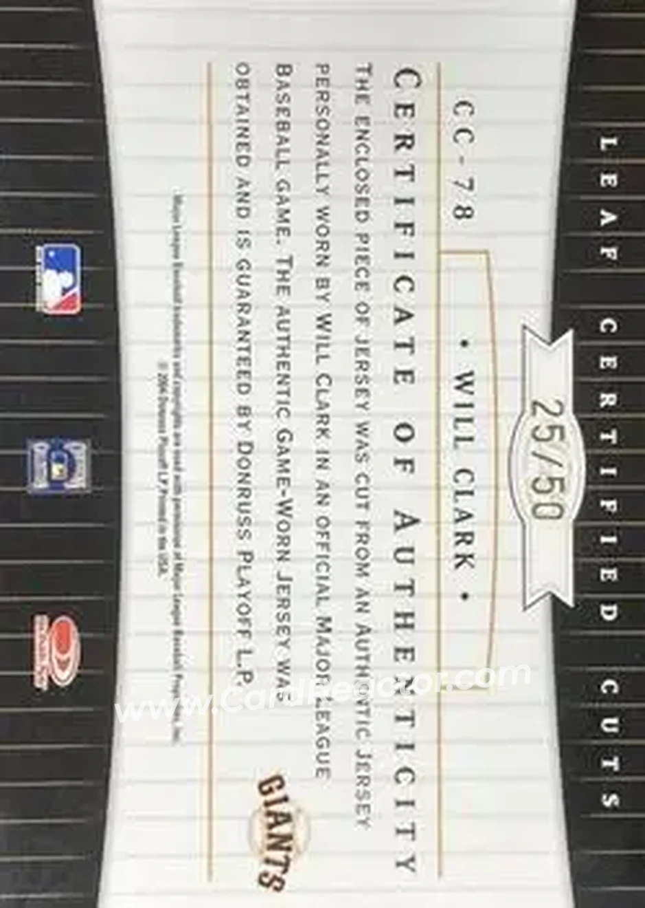 2004 Leaf Certified Cuts - Check Signature Material Blue #CC-78 - Will Clark - San Francisco Giants - Back