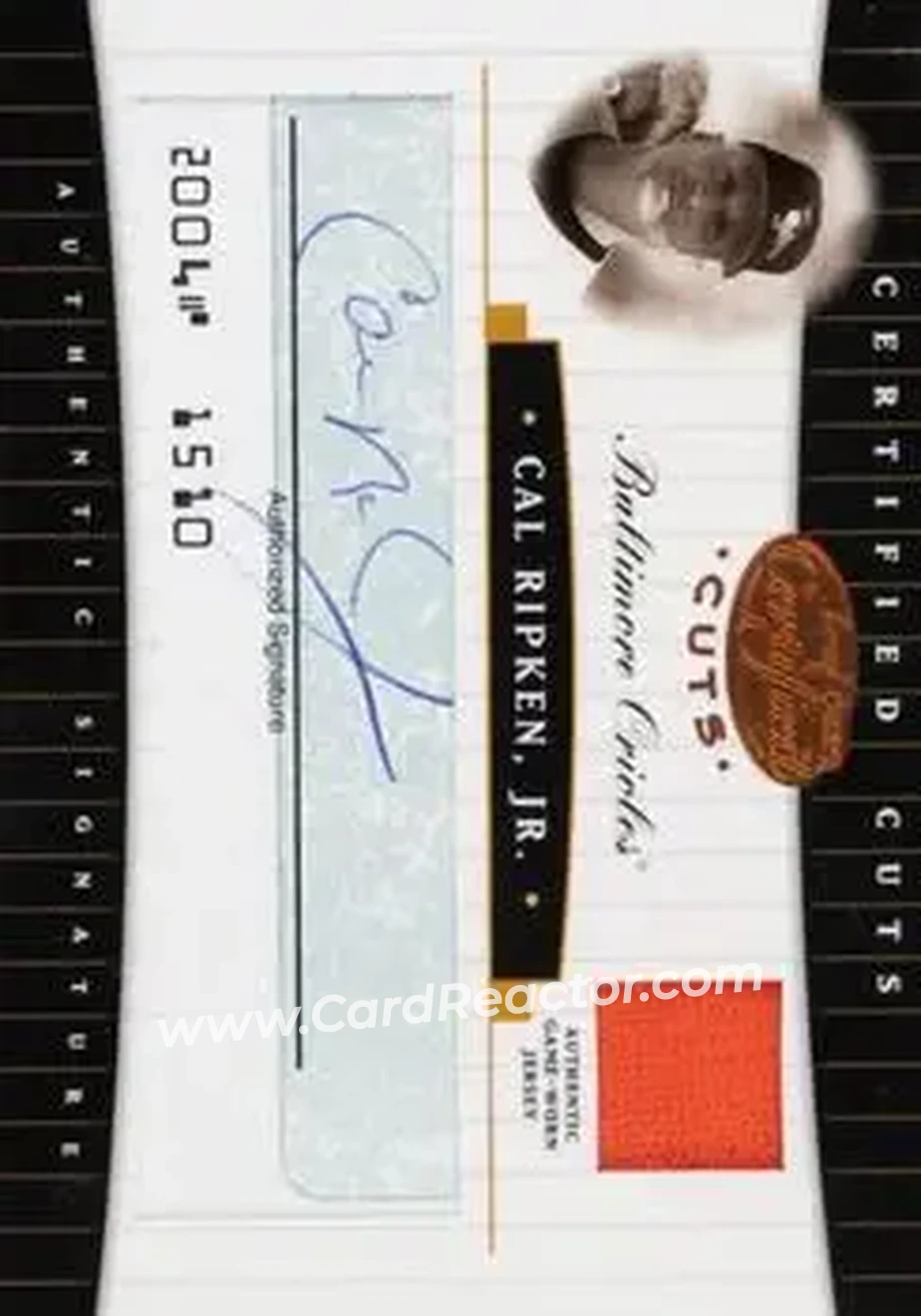 2004 Leaf Certified Cuts - Check Signature Material Green #CC-8 - Cal Ripken - Baltimore Orioles - Front 2004 Leaf Certified Cuts - Check Signature Material Green #CC-8 - Cal Ripken - Baltimore Orioles - Front
