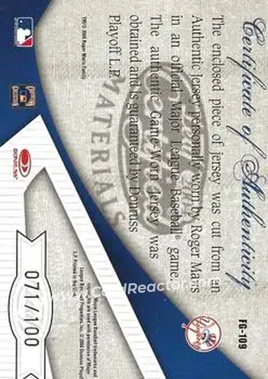 2004 Leaf Certified Materials - Fabric of the Game #FG-109 - Roger Maris - New York Yankees - Back