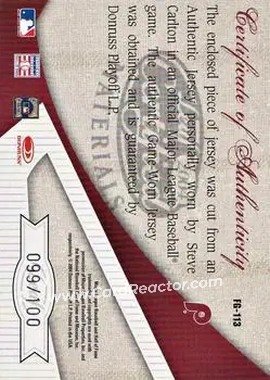 2004 Leaf Certified Materials - Fabric of the Game #FG-113 - Steve Carlton - Philadelphia Phillies - Back