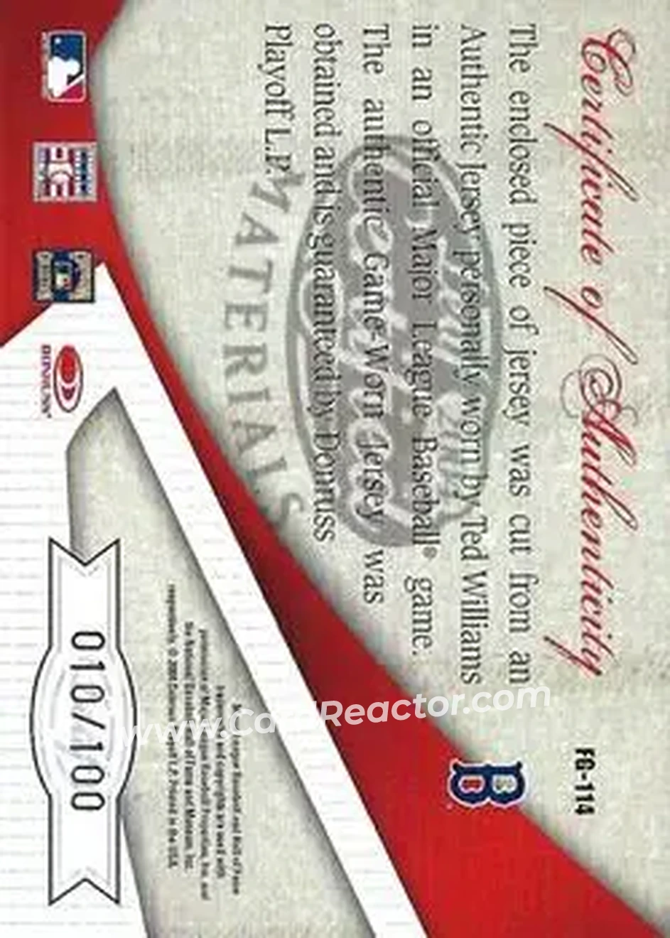 2004 Leaf Certified Materials - Fabric of the Game #FG-114 - Ted Williams - Boston Red Sox - Back