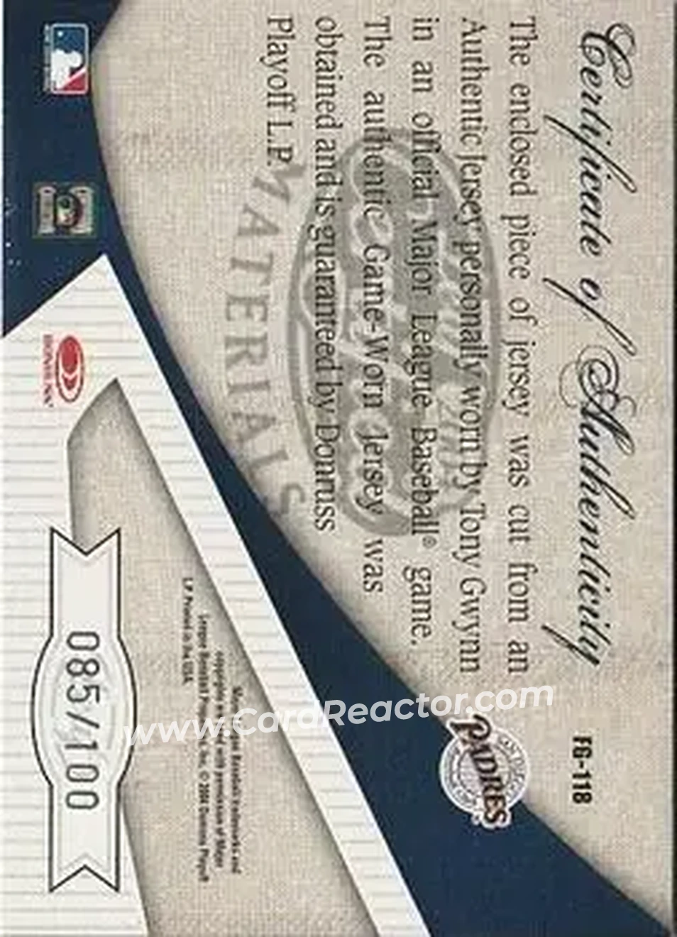 2004 Leaf Certified Materials - Fabric of the Game #FG-118 - Tony Gwynn - San Diego Padres - Back