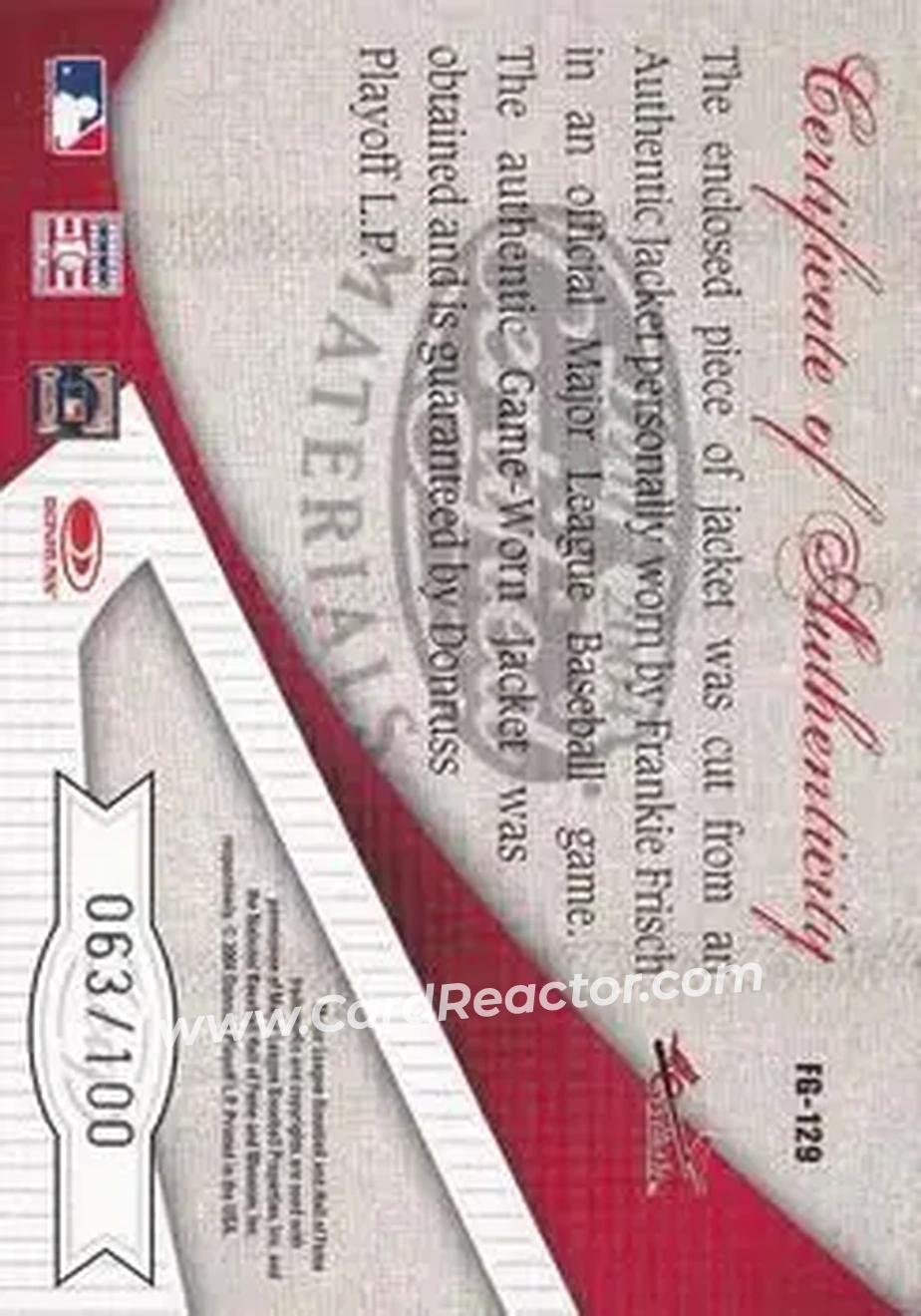 2004 Leaf Certified Materials - Fabric of the Game #FG-129 - Frank Frisch - St. Louis Cardinals - Back