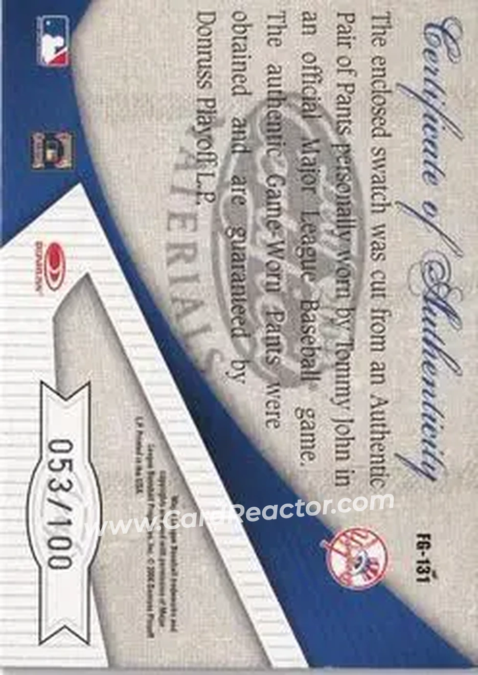 2004 Leaf Certified Materials - Fabric of the Game #FG-131 - Tommy John - New York Yankees - Back