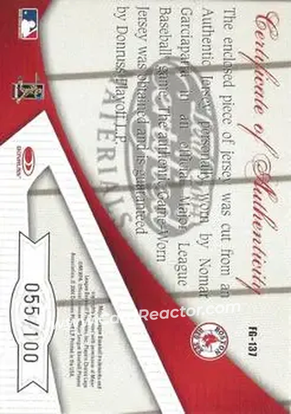 2004 Leaf Certified Materials - Fabric of the Game #FG-137 - Nomar Garciaparra - Boston Red Sox - Back