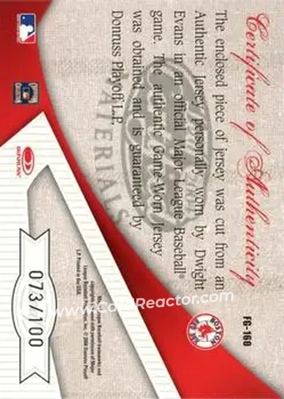 2004 Leaf Certified Materials - Fabric of the Game #FG-160 - Dwight Evans - Boston Red Sox - Back