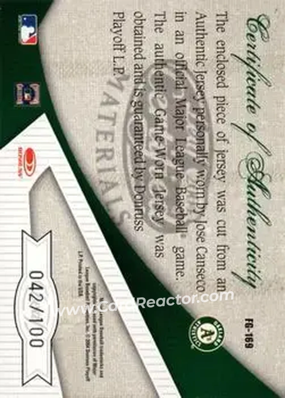 2004 Leaf Certified Materials - Fabric of the Game #FG-169 - Jose Canseco - Oakland Athletics - Back