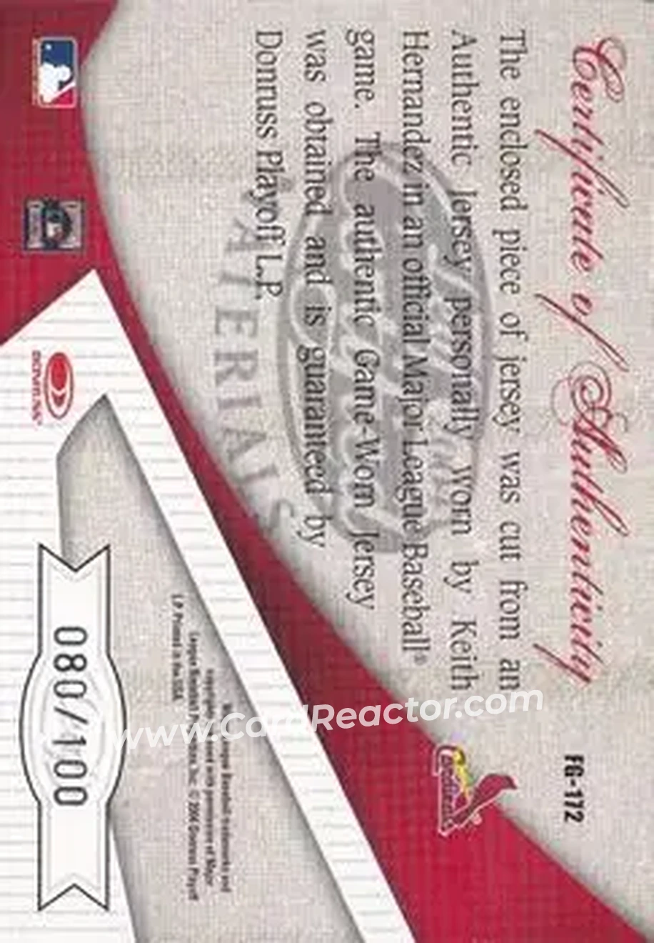 2004 Leaf Certified Materials - Fabric of the Game #FG-172 - Keith Hernandez - St. Louis Cardinals - Back