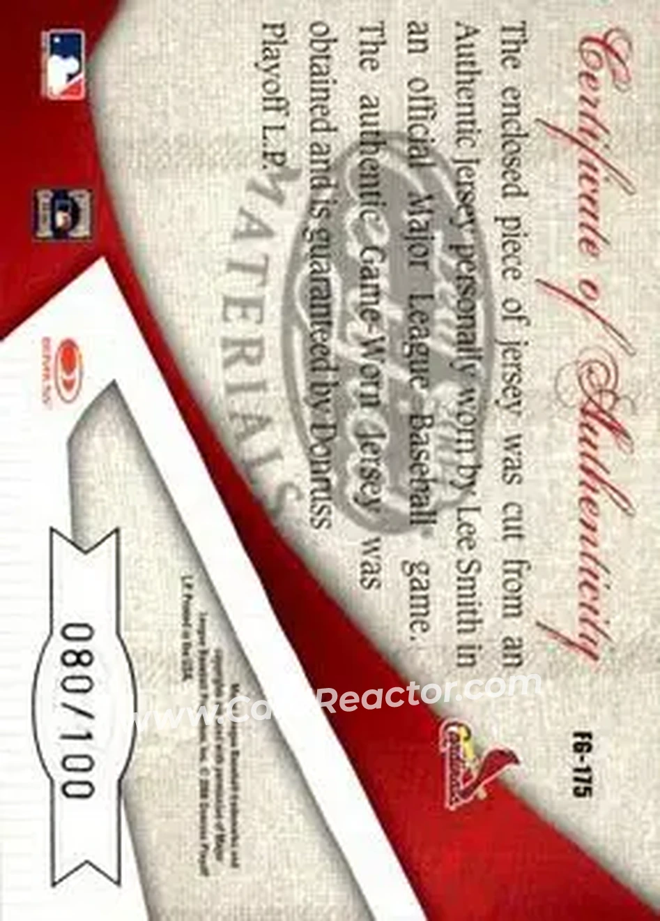 2004 Leaf Certified Materials - Fabric of the Game #FG-175 - Lee Smith - St. Louis Cardinals - Back