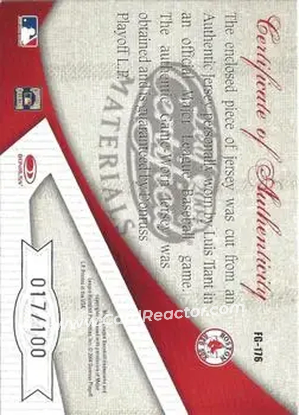 2004 Leaf Certified Materials - Fabric of the Game #FG-176 - Luis Tiant - Boston Red Sox - Back 2004 Leaf Certified Materials - Fabric of the Game #FG-176 - Luis Tiant - Boston Red Sox - Back