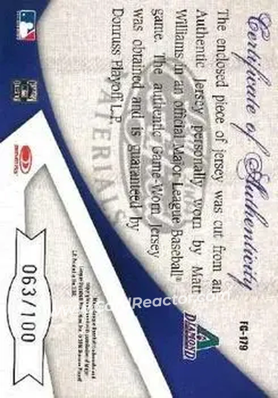 2004 Leaf Certified Materials - Fabric of the Game #FG-179 - Matt Williams - Arizona Diamondbacks - Back 2004 Leaf Certified Materials - Fabric of the Game #FG-179 - Matt Williams - Arizona Diamondbacks - Back