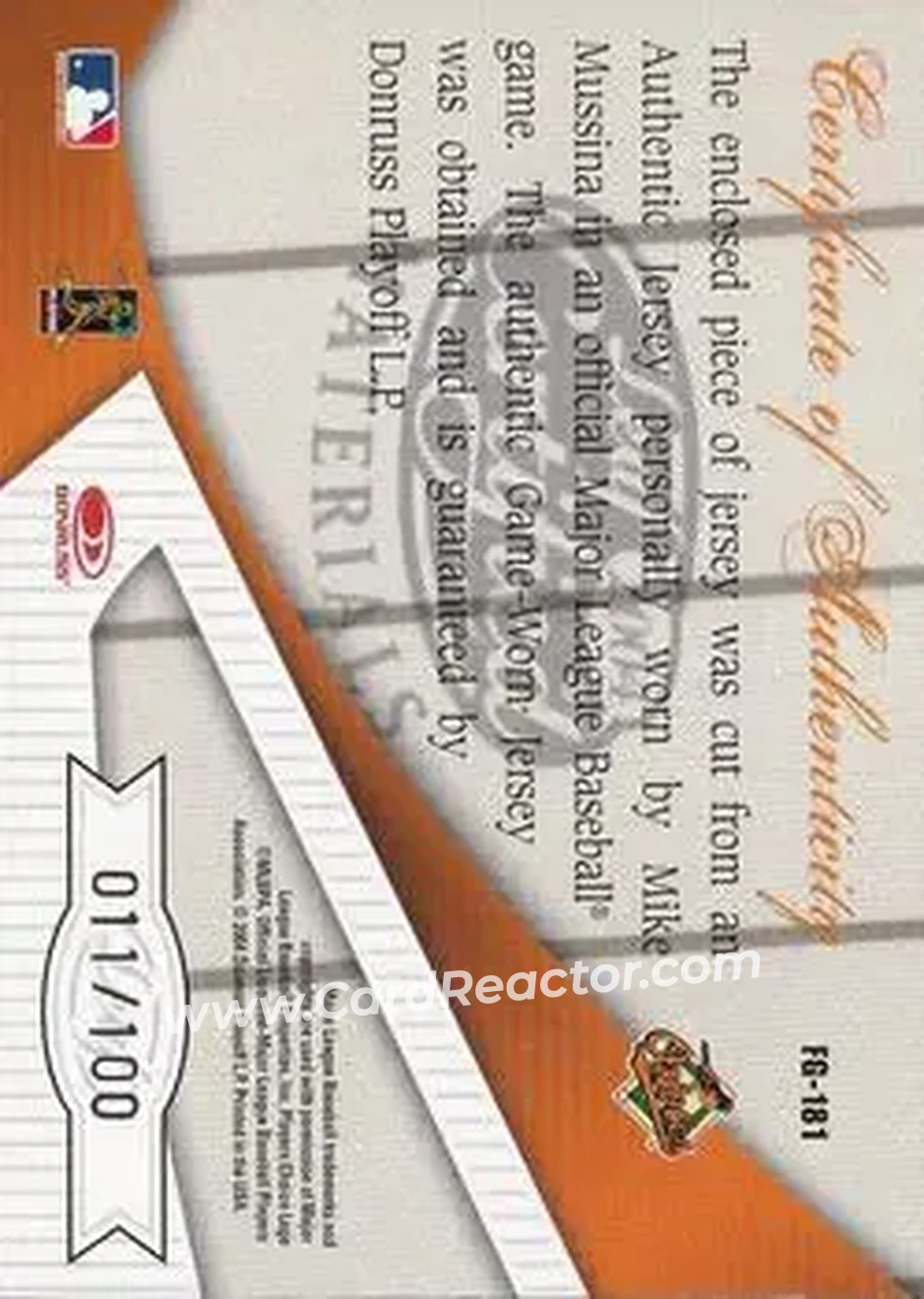 2004 Leaf Certified Materials - Fabric of the Game #FG-181 - Mike Mussina - Baltimore Orioles - Back