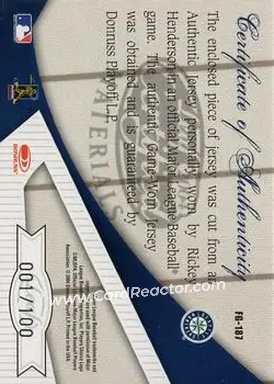 2004 Leaf Certified Materials - Fabric of the Game #FG-187 - Rickey Henderson - Seattle Mariners - Back