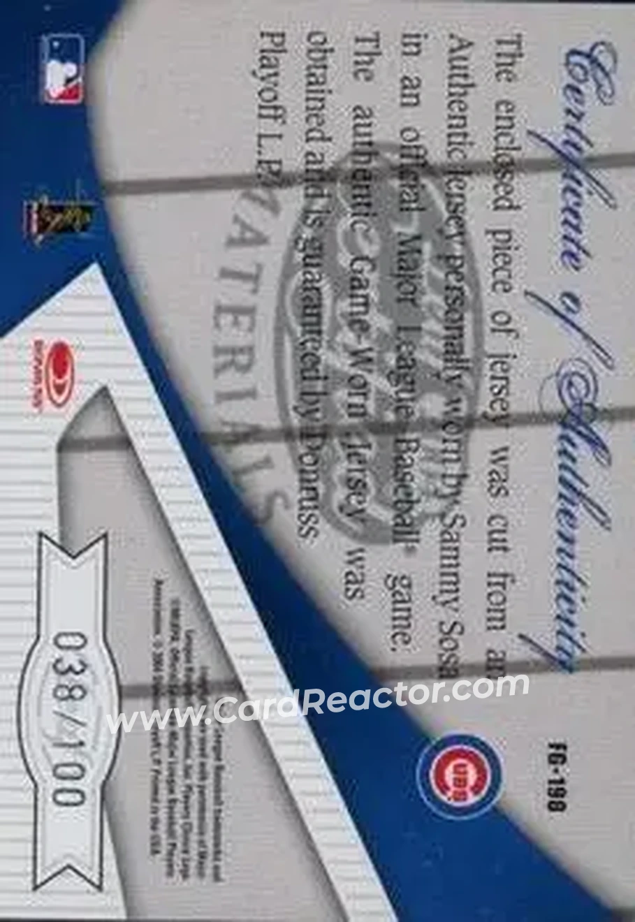 2004 Leaf Certified Materials - Fabric of the Game #FG-190 - Sammy Sosa - Chicago Cubs - Back