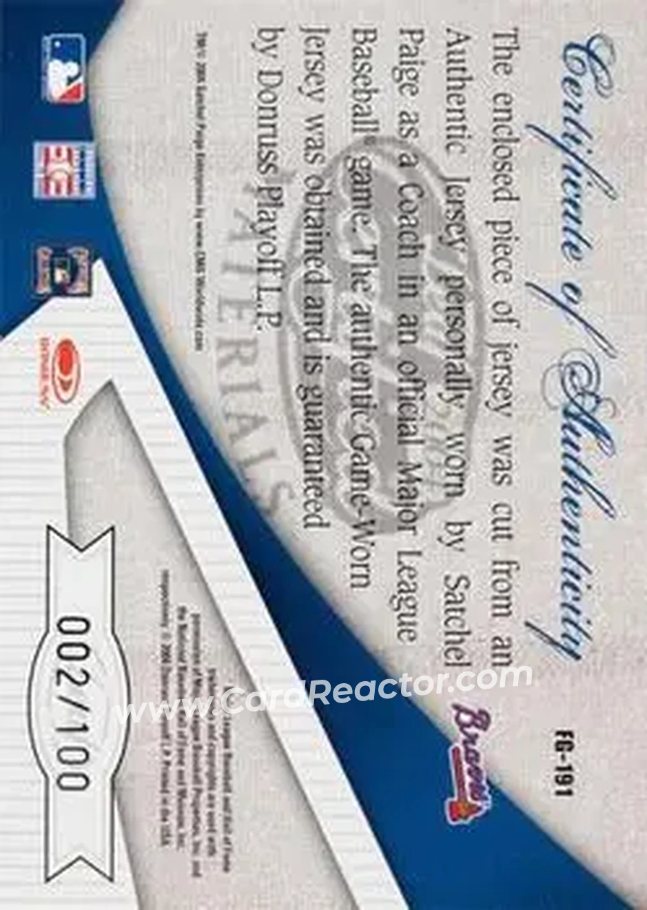 2004 Leaf Certified Materials - Fabric of the Game #FG-191 - Satchel Paige - Atlanta Braves - Back